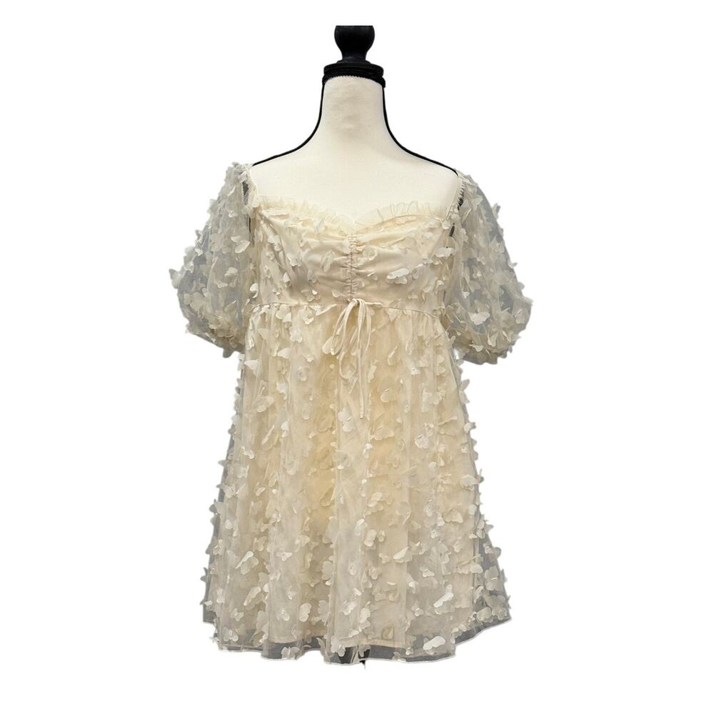 Windsor Butterfly Applique Mesh Babydoll Mini Dress Coquette Fairycore Ivory Med